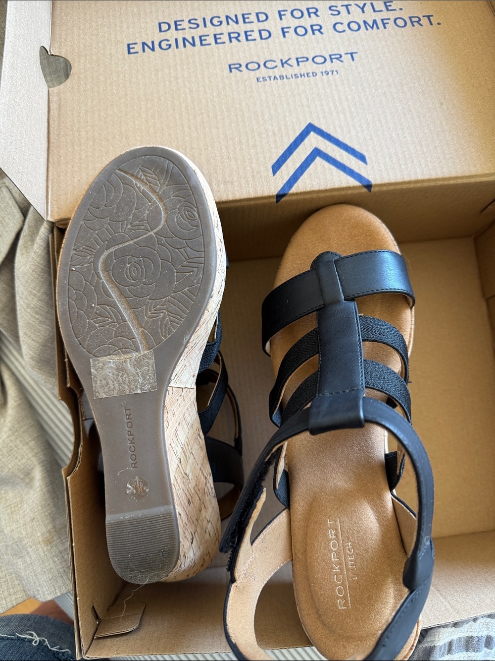Rockport Black Strappy Cork Wedge Sandals - Picture 3 of 4